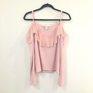 Pink Open Shoulder Ruffled Top